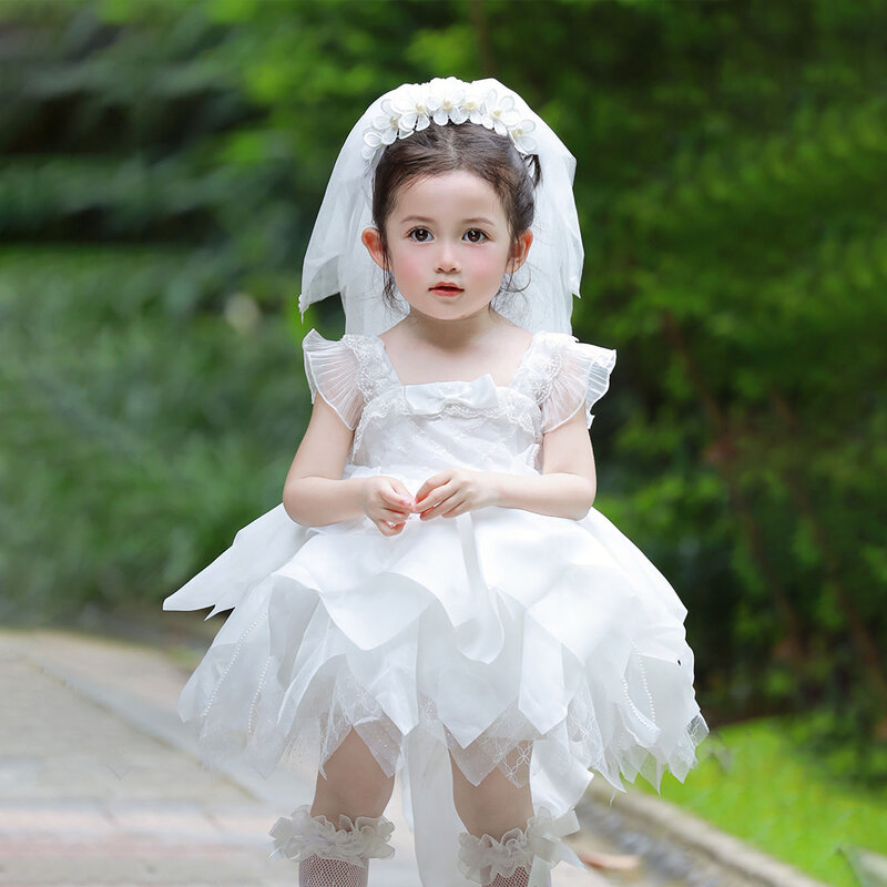 Flower Girl Dress for wedding Fashion White garze Piano Performance Dresses Kids Girls a-line Birthday Party Ball Gowns
