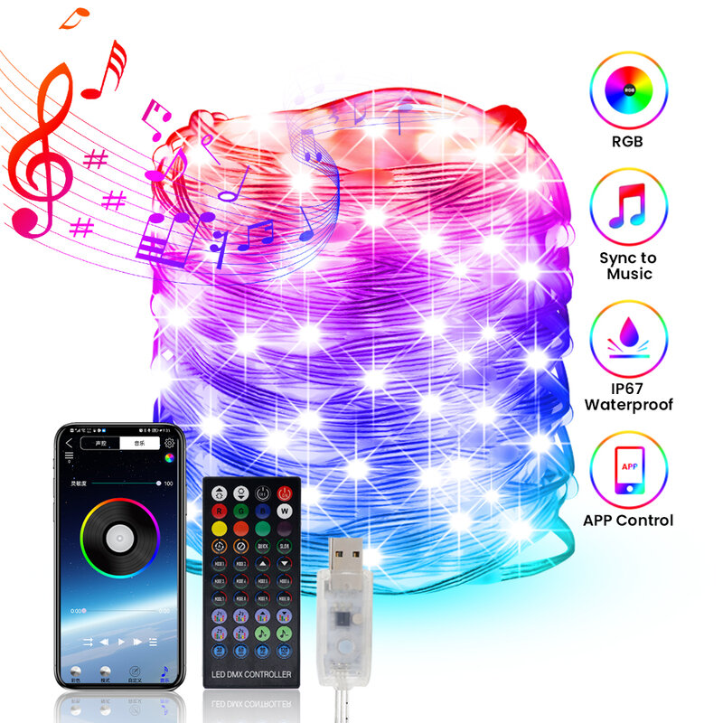 USB Smart RGB светодиодный светильник-гирлянда с пультом дистанционного управления, 5 В, Bluetooth, с приложением, светодиодный водонепроницаемый светильник-Гирлянда для спальни, Рождества