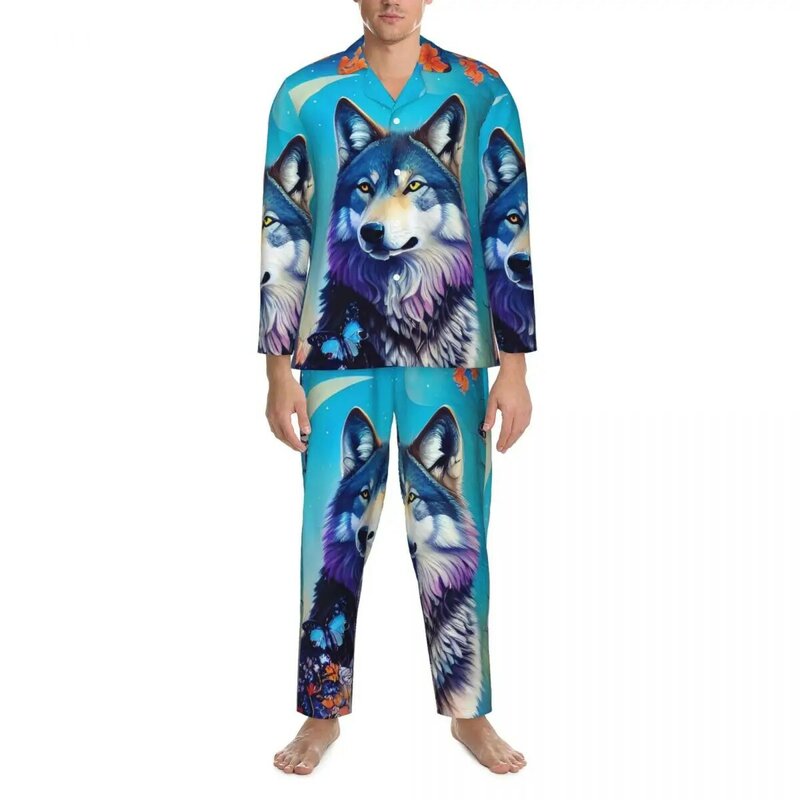 Lobo masculino em pijama de árvore florescente, estampado floral masculino, adorável pijama de quarto, terno casual oversize, outono, 2 peças