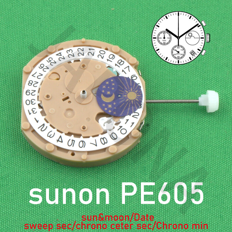Movimento do relógio Quartz Sunon, Segundo cronógrafo, Segundo centro, Chrono Min, Data, Sol e Lua, PE605, PE60