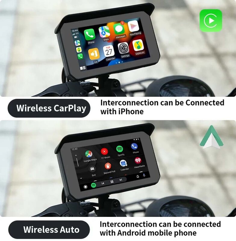 Carplay sans fil DVR pour moto, Android Auto, IPX7, caméra avant et arrière, casque Bluetooth, écran d'affichage de navigation, portable, 5 pouces