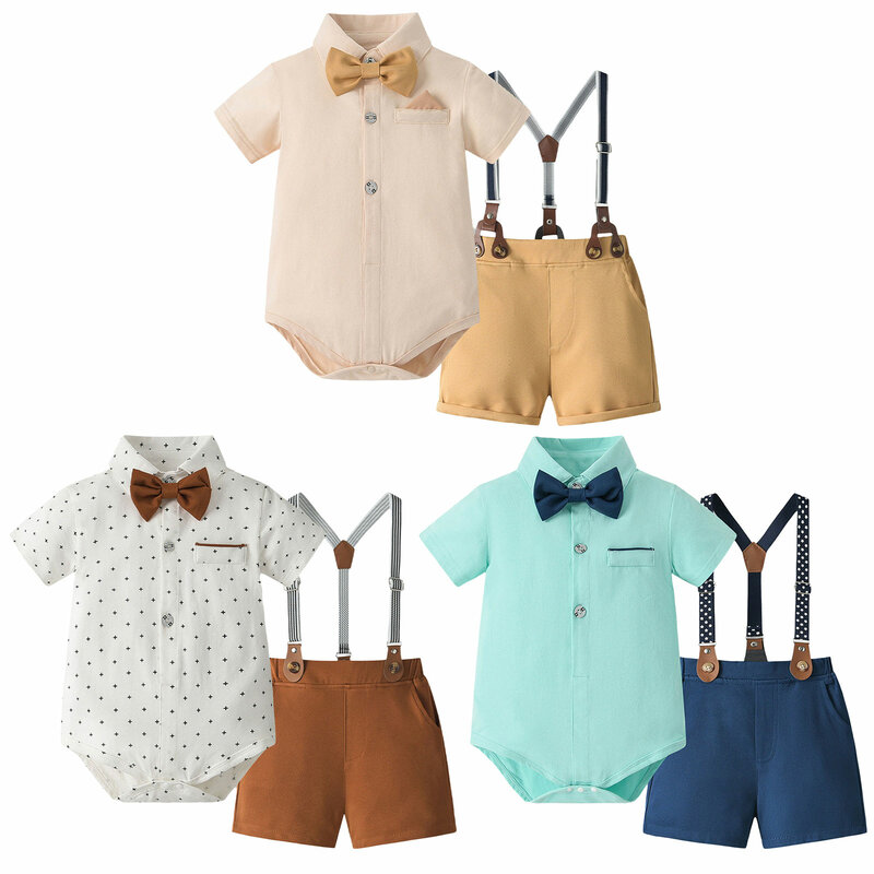 Baby Boys Short Sleeve Romper, Camisa com gravata borboleta, Suspender Shorts Set, terno cavalheiro, aniversário infantil, roupas de casamento, moda