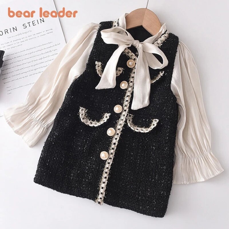 Bear Leader Girls Princess Patchwork Dress 2023 New Fashion Party Costumes Kids Bowtie Casual Outfits Baby Lovely Suits for 2 7Y