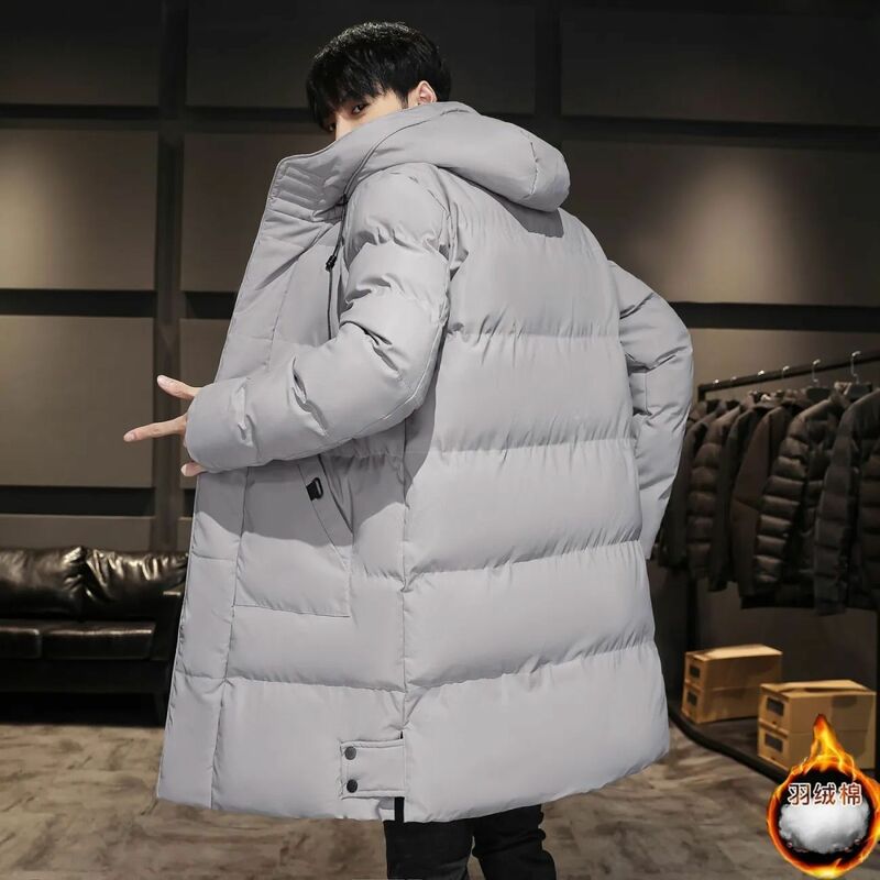 Jaqueta masculina de comprimento médio com capuz, jaqueta larga e espessa, jaqueta de algodão na moda, nova, inverno