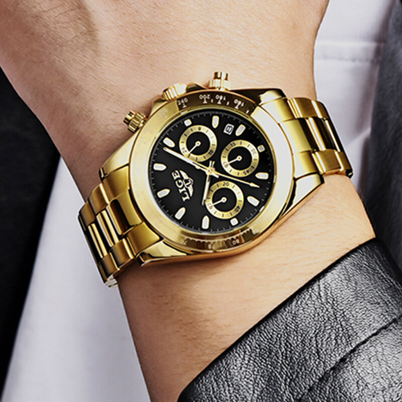 Lige นาฬิกาข้อมือสำหรับผู้ชายนาฬิกาควอตซ์สำหรับผู้ชาย, Masculin0นาฬิกาโครโนกราฟกันน้ำทำจากเหล็กทั้งตัว