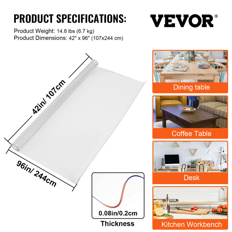 VEVOR Multi-size Tablecloth Protector Table Cover/Mat PVC Soft Waterproof Clear Water Resistant Easy Clean for Tabletop Home Use