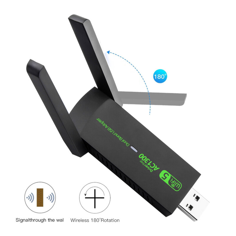 Dongle adaptor USB WiFi Dual Band, penerima nirkabel antena kuat 1300Mbps, Dongle Wi-Fi 2.4G/5Ghz untuk PC/Laptop