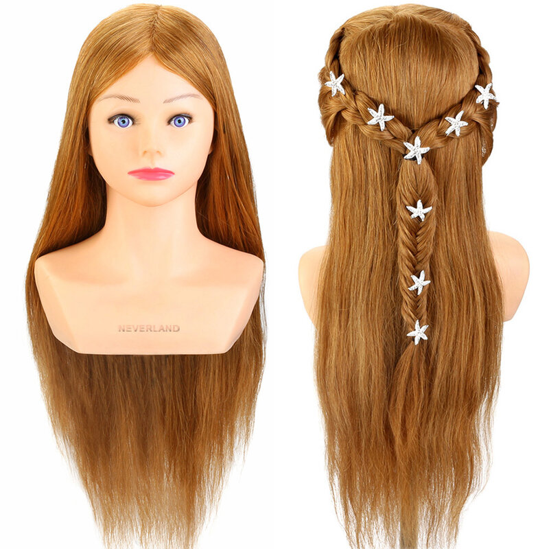 24" 60CM 80% Real Hair Hairdressing Training Head Hairstyle Doll Headl with Shoulder Braiding Curling Practice Mannequin Head