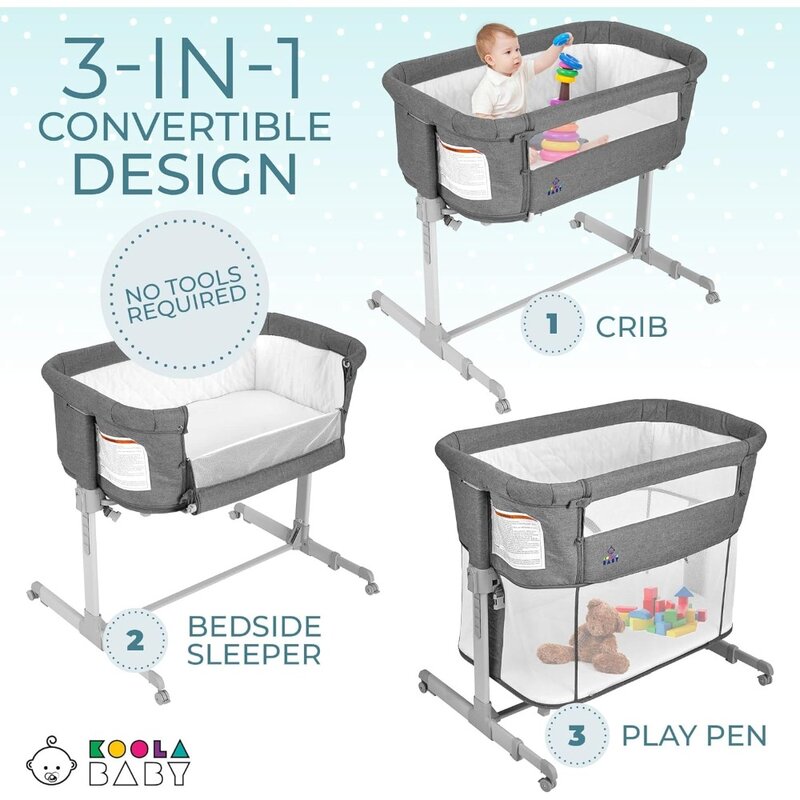 Gondola dla dziecka 3 w 1, sypialnia i kojec, łatwe składane łóżeczko przenośne (szare) - KoolaBaby (szafka)