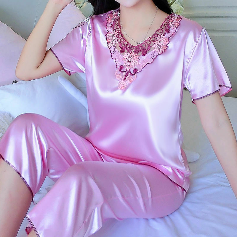 Große Pyjamas weibliche Sommer dünne süße Spitze Spitze Eis Seide einfarbig zweiteiligen Anzug Lounge wear Lounge wear Frauen