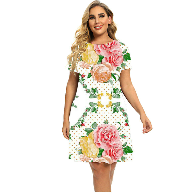 Robe d'été style bohémien à fleurs colorées, imprimé 3D, manches courtes, col rond, vêtements amples, grande taille 6XL, nouvelle collection 2023