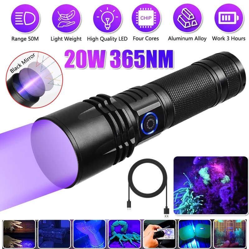 20W High Power UV Black Light 365nm Woods lampa USB Akumulator Filtrowana latarka ultrafioletowa LED Przenośny ręczny detektor do moczu Pet Pee, skały Klejnot Świecące, Fluorescencyjne, Pieniądze, Utwardzanie żywicą