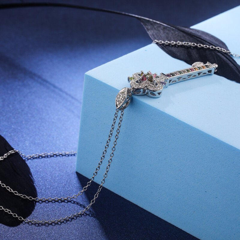 GZ ZONGFA 여성용 정품 925 스털링 실버 키 목걸이, 0.02ct 천연 다이아몬드 및 토르말린 펜던트, 패션 파인 주얼리