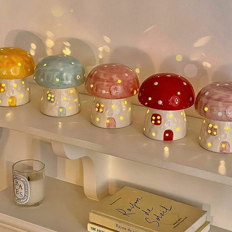 Lampu LED dekorasi meja jamur, pelindung mata, lampu malam jamur Nordik, lampu tidur keramik, lampu malam, hadiah ulang tahun