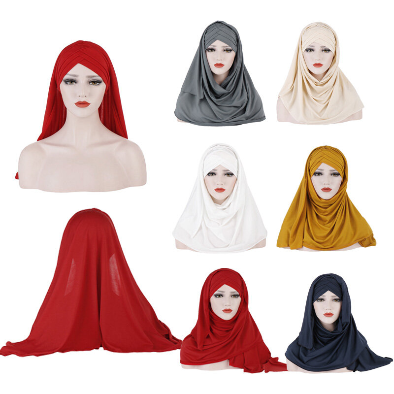 Głowa kobiety zawijany hidżab szal błyskawiczny muzułmański hidżab szyfon jednolity kolor dwuczęściowy z wewnętrzną maską duży rozmiar jednolity kolor ozdoba
