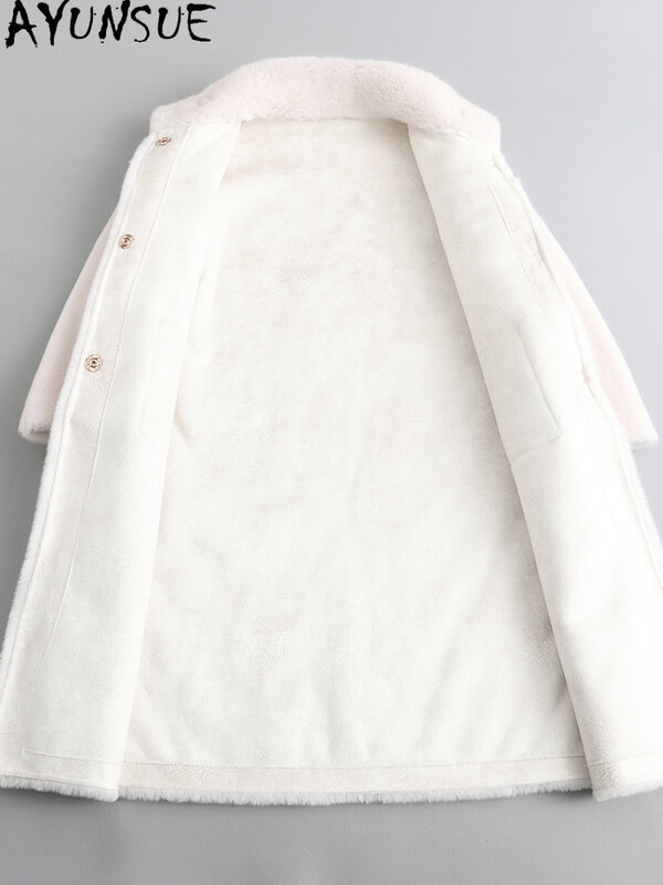 AYUNSUE Elegant 100% Sheep Shearing Jacket Women Long Fur Coat Winter Warm Wool Jackets Standing Collar Menteaux Femme Hiver