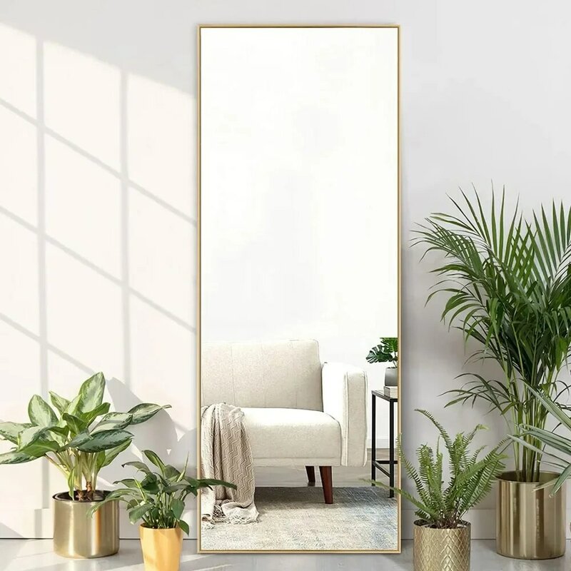 Espejo de piso de cuerpo completo, espejo de tocador grande montado en la pared para dormitorio, Marco delgado de aleación de aluminio, blanco