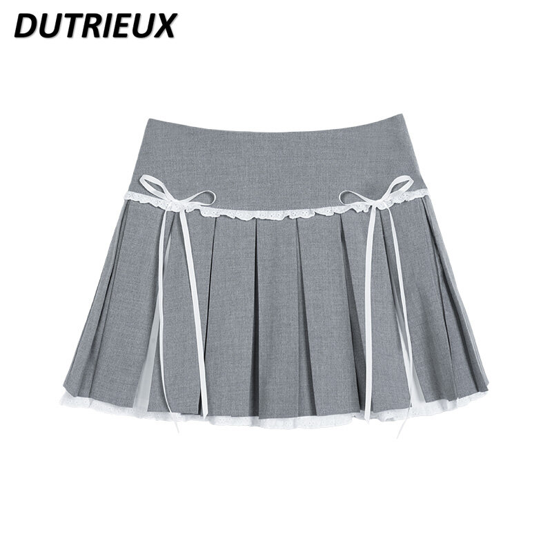 Preppy Style Cool Black Fake Two-Piece Bow Pleated Skirt Women 2024 Spring Summer New Slim Fit Mini Skirts Sweet Lolita Skirt