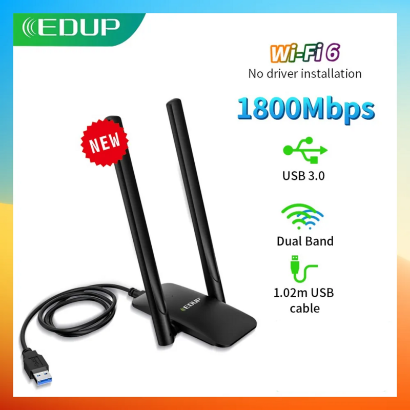 EDUP WiFi 6 USB Adaptor Dual Band AX1800 USB3.0 Nirkabel Wi-Fi Dongle Drive Gratis Kartu Jaringan WiFi6 Adaptor untuk Desktop Laptop