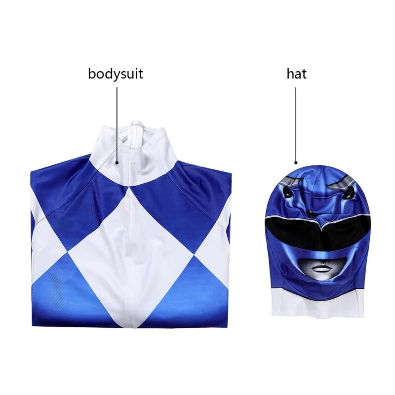 Halloween Carnival Role-Playing Superhero Blue Ranger Adult High-Quality Jumpsuit With Hat Ranger Zentai 3D Printed Jumpsuit