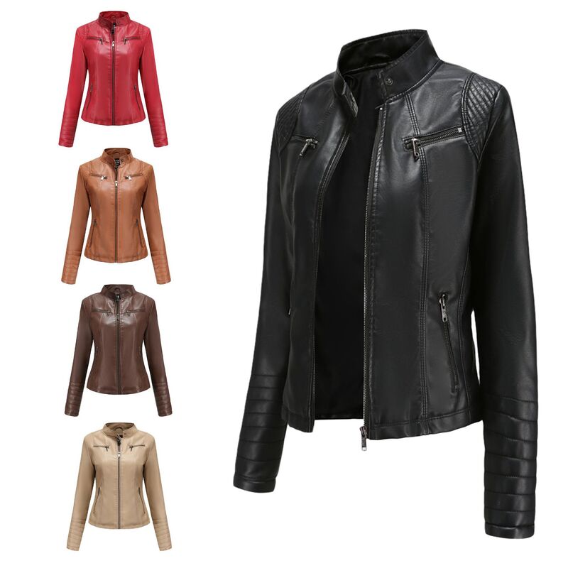 Jaqueta de couro feminina, roupa de motocicleta, seção curta, tamanho grande, novo, primavera e outono