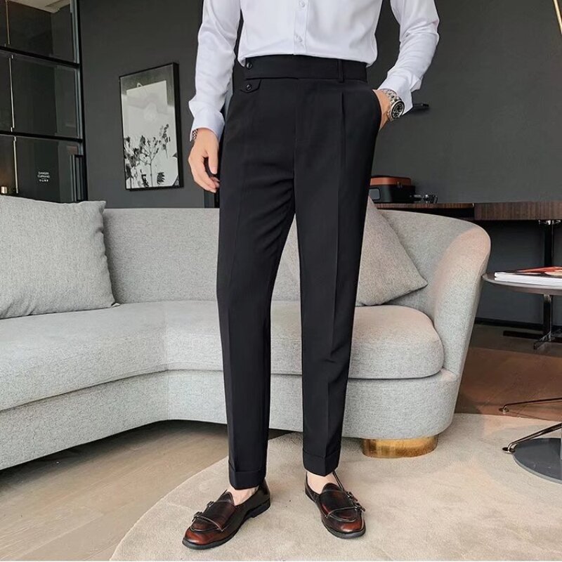 Брюки мужские костюмные деловые повседневные, модные облегающие однотонные прямые штаны в британском стиле, штаны с завышенной талией для офиса