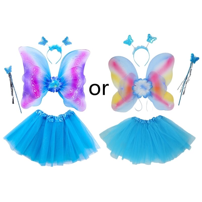 Girls Rainbow Fairy Wing Wand Skirt Headband for Birthday Party Set Costume