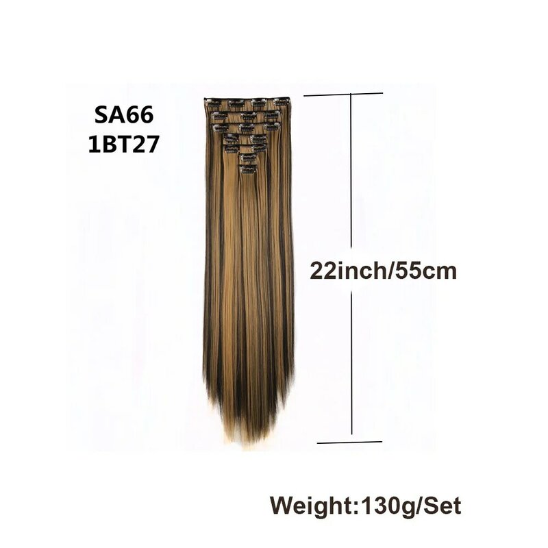 7 sztuk/zestaw 16 doczepy włosów na klipsy długa prosta fryzura syntetyczna blond czarne treski odporne na ciepło sztuczne włosy 22 Cal