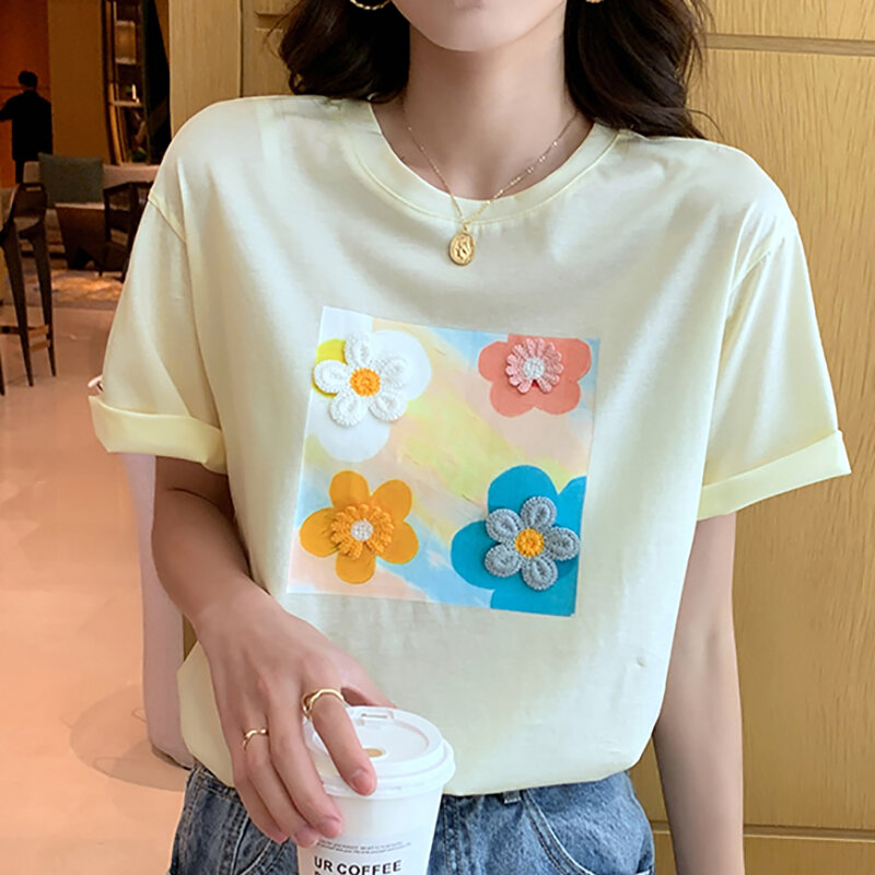 Embroidery Floral Tee Shirt Femme Cotton T Shirt Women Korean Fashion Womens Clothing Tshirt Summer Short Sleeve O-Neck Tops