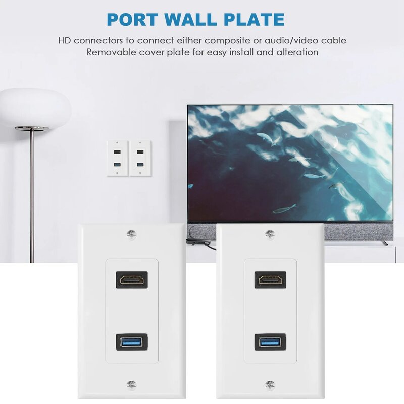 Extensor de toma de corriente de Panel de placa frontal de pared hembra, HDMI + USB 3,0, 1x2 puertos, blanco