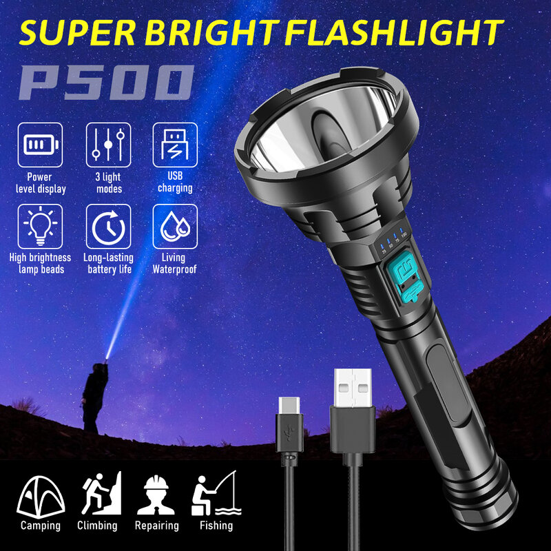 Lampe de poche LED longue portée, torche étanche, lampe à main de camping, aste par USB, injuste, P500, 500m