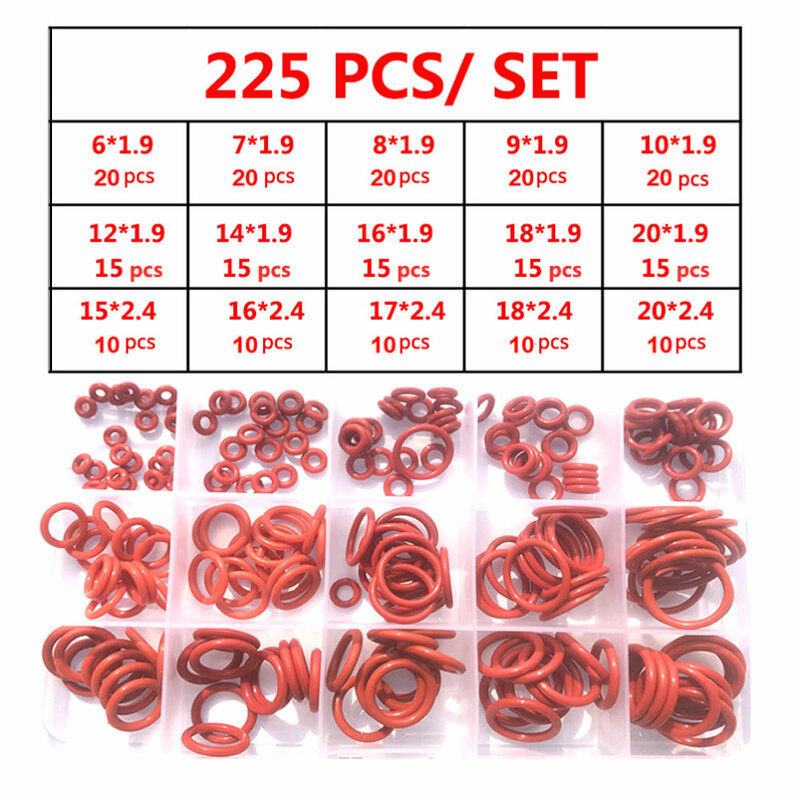 225x Box Packed Silicone Red O-ring Set Silicon Washer Rubber O-Ring Assortment Kit Set Wear Car Interior Universal Accessories