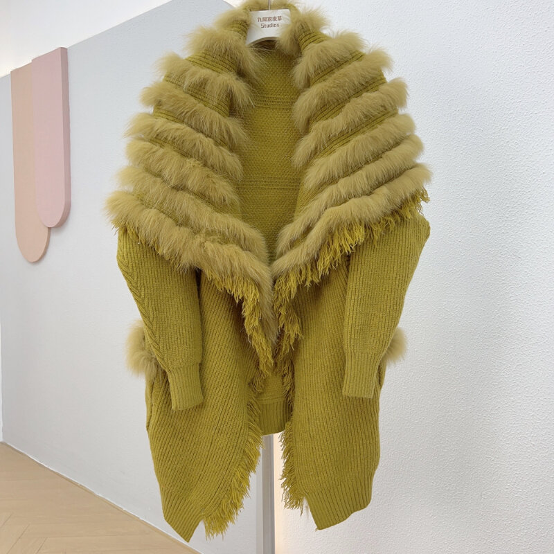 2023 Autumn Winter New Fox Fur Tassel Stitching Long Sleeve Coat Loose Lapel Mid-Length Knited Cardigan Sweater for Women