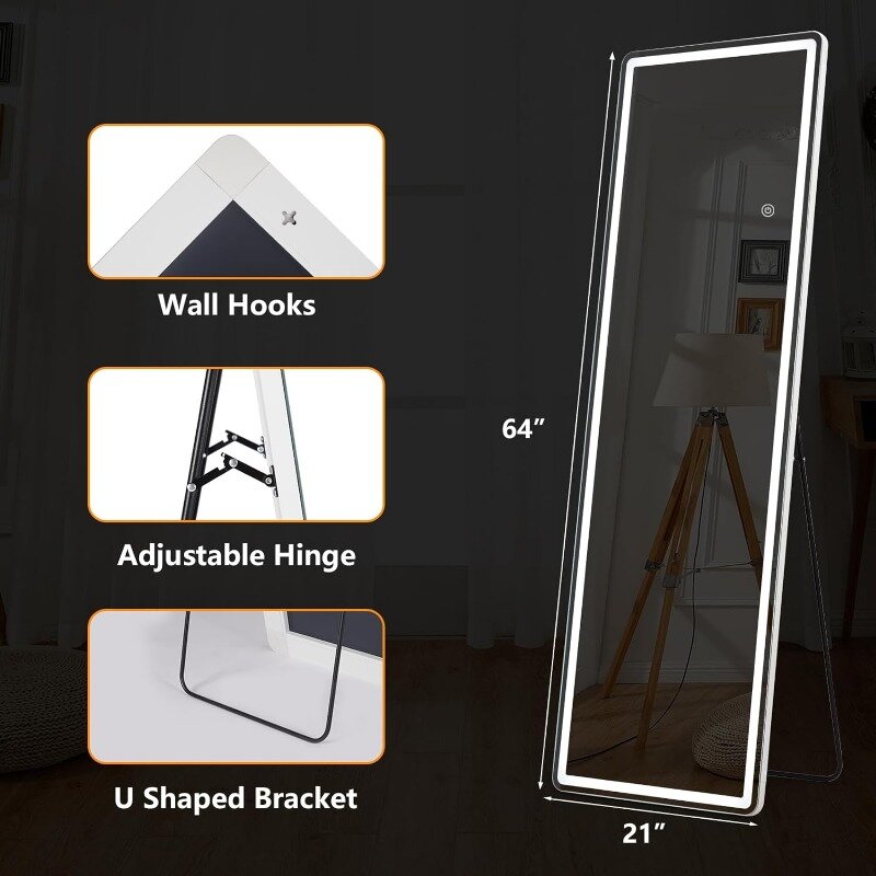 Espejo de piso con luz LED, espejo de longitud completa de 64 "x 21" con soporte, espejo colgante montado en la pared con atenuación y 3 colores