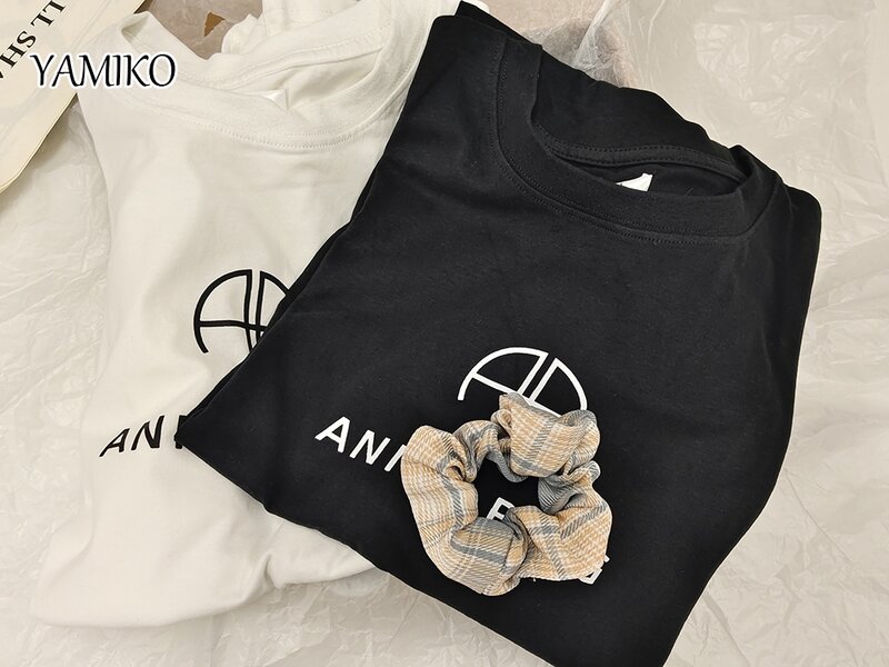 YAMIKO Letter Print T-Shirts Women 2024 Summer Short Sleeve O-Neck Pullover Tops Cotton Casual Tee Shirt Female Street Fashion