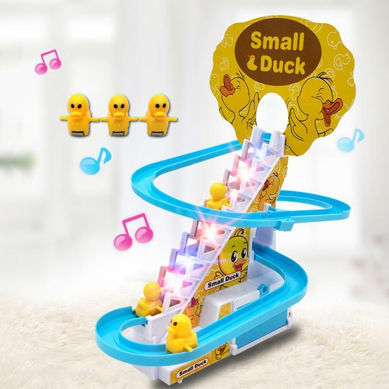 Mainan karet untuk anak-anak, mainan lucu, mainan bebek elektrik, jalur geser, lampu bebek kecil, musik memanjat, tangga, mainan Roller Coaster untuk anak-anak