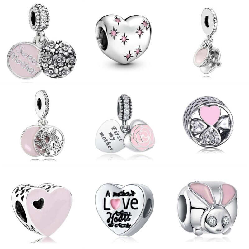 Manik-manik jimat hati seri merah muda baru kalung gantungan kunci gelang Pandora asli DIY hadiah perhiasan hari ibu untuk ibu
