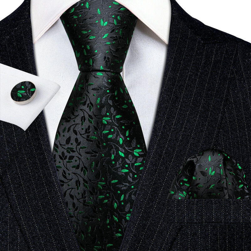 Luxury Silk Mens Ties Set Black Green Leaves Floral Neck Tie Handkerchief Cufflinks Set Wedding Free Shipping Barry·Wang 5938