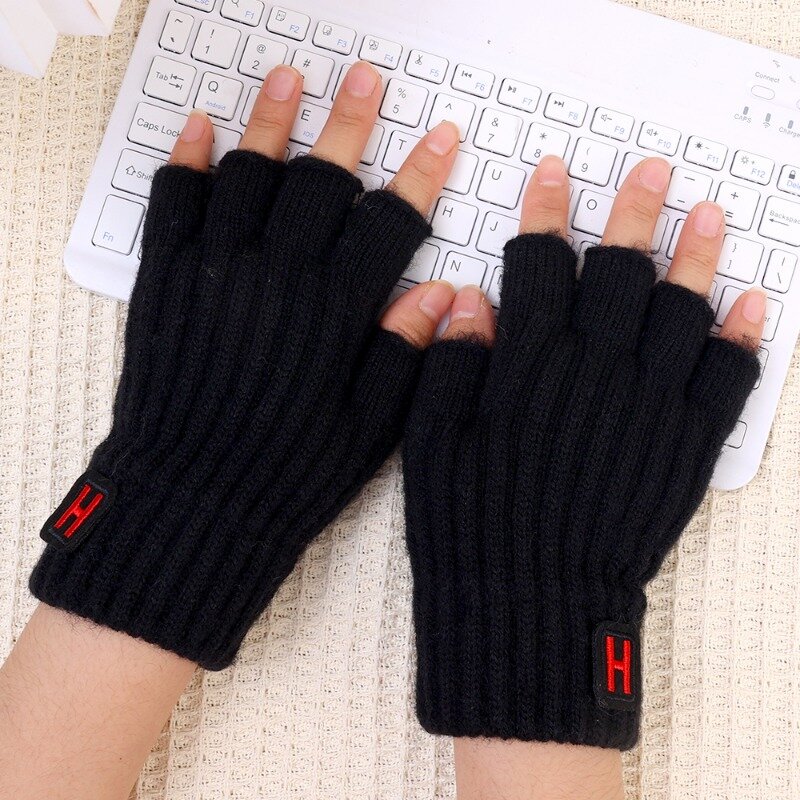 Зимние перчатки на полпальца унисекс, вязаные эластичные теплые перчатки без пальцев на запястье для мужчин и женщин, однотонные короткие утепленные уличные варежки