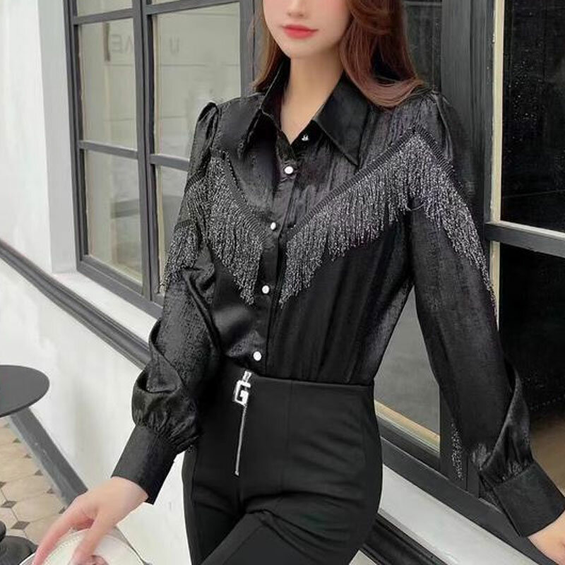 Commute Tassel Spliced Shirt Stylish Bright Silk Spring Autumn New Long Sleeve Women's Clothing Polo-Neck Single-breasted Blouse