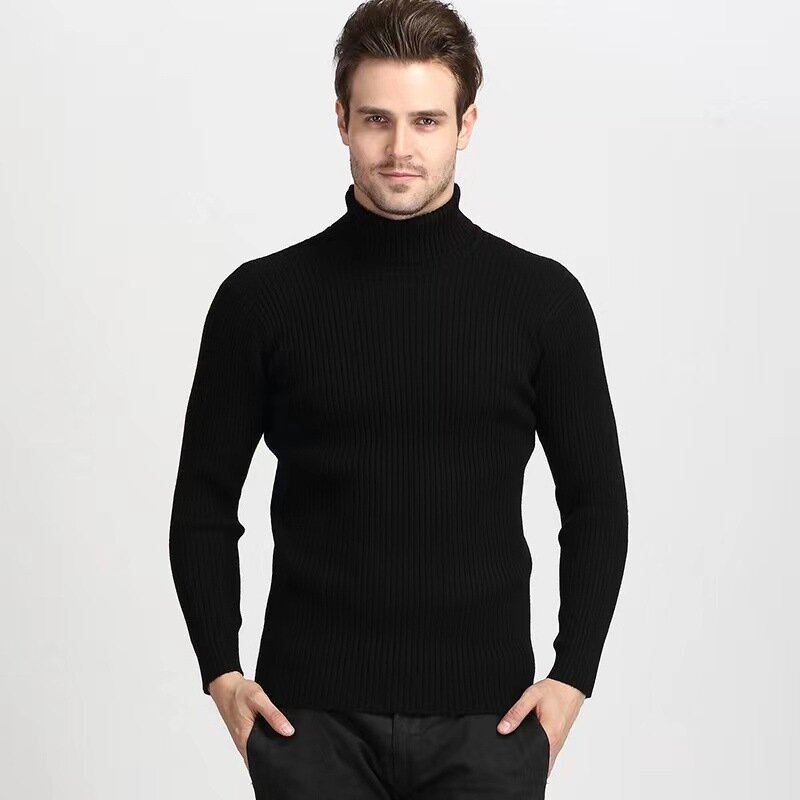 Autunno inverno uomo collo alto maglione lavorato a maglia Casual solido modello verticale Pullover uomo caldo manica lunga