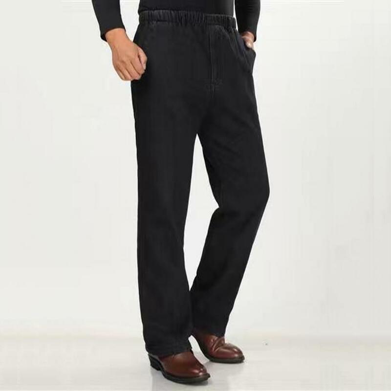 Jeans de cintura elástica slim fit masculino, bolsos de cintura alta, perna reta macia, jeans casual para pai de meia idade