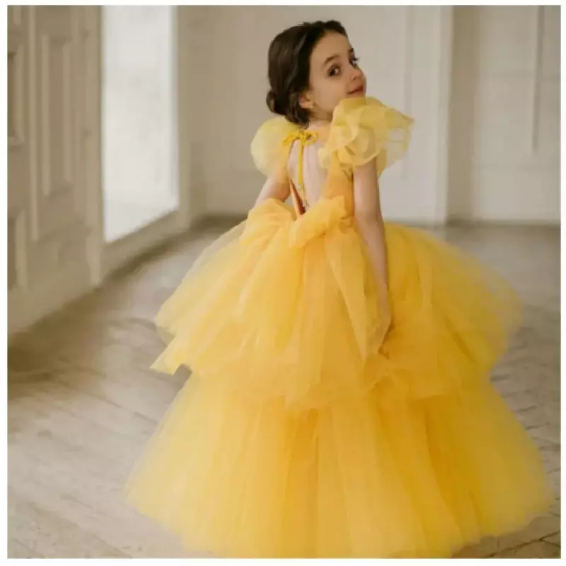 Gaun gadis bunga kuning, Gaun panjang lantai leher O Crepe indah anak kecil perempuan pesta ulang tahun pernikahan, gaun liburan Prom