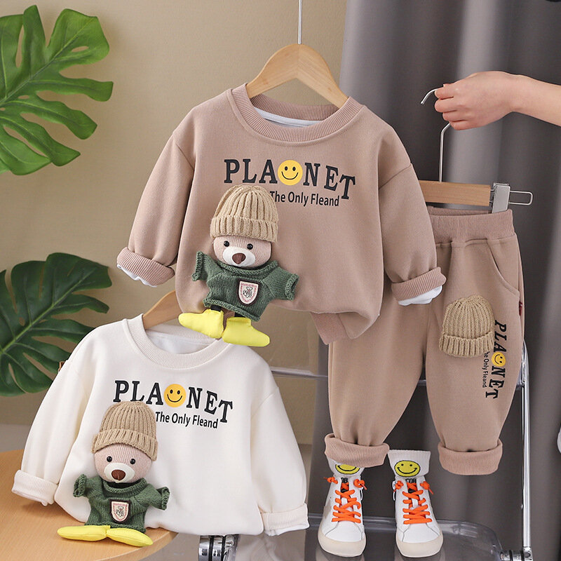 Pakaian bayi laki-laki Musim Semi 2024 pakaian 12 hingga 18 bulan untuk anak-anak kaus lengan panjang Pullover kartun Korea dan baju olahraga celana