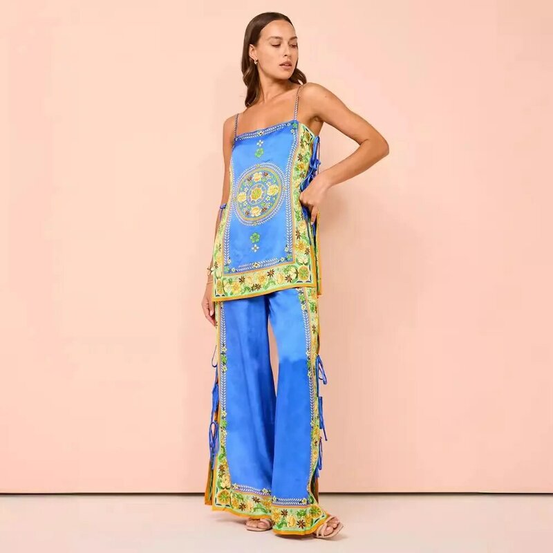 Vintage Print Women 2 Pieces Set Sleeveless Top Loose Long Pants Lady Spring Summer Hawaii Beach Casual Indie Folk Outfits