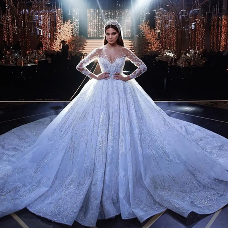 Luxury Dubai Sparkly Beaded Sequin Ball Gown Wedding Dresses 2024 Ruffles Illusion With Court Train Tulle Bridal Gowns For Women