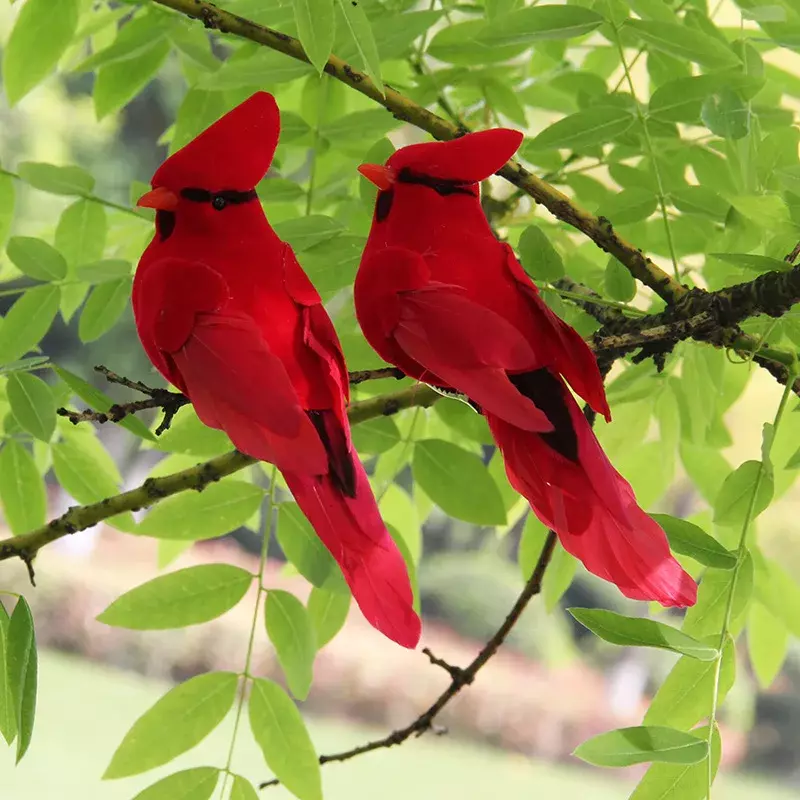 Simulation d'oiseaux en plumes avec Clips, 2 pièces, pour décoration d'arbre de pelouse de jardin, artisanal, Figurines d'oiseaux rouges, décoration de maison de noël