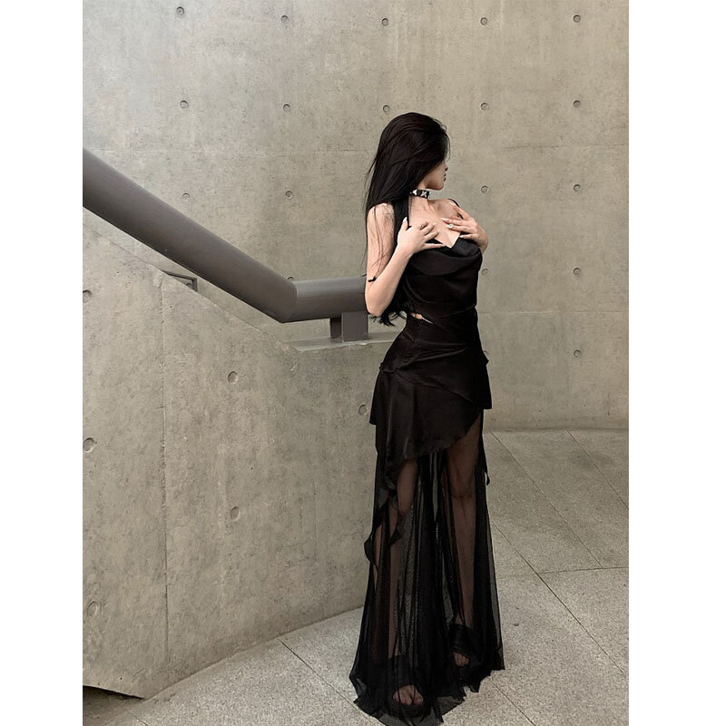 Houzhou schwarz durchsichtige Mesh Flare Hose setzt weites Bein Frauen sexy Spitzen hose mit Tank koreanische Streetwear zweiteiliges Kleid