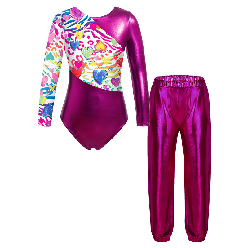 Girls Kids Metallic Dance Bodysuit Gymnastics Dancewear Long Sleeve Print Leotard with High Waist Pants Sport Outfits Sportswear