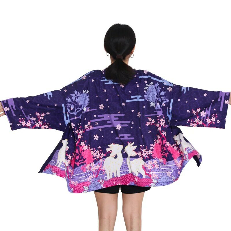 كيمونو مطبوع أنيمي غزال ياباني ، ملابس آسيوية ، أزياء هاوري فريدة وملفتة للنظر ، مثالية للكوسبلاي أو خلع الملابس
